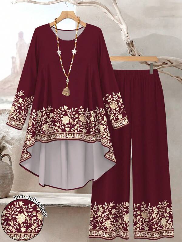 Lacomfia Floral Print Plus Size Women's Spring/Summer Fashion Round Neck Long Sleeve Casual Top And Burgundy Elastic Waist Pocket Straight Leg Pants Set, Top With Asymmetrical Hem And Side Slit Design, 2-Piece Set
