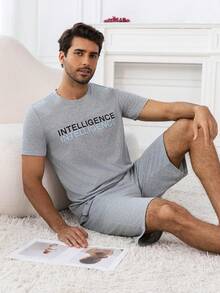 Provexi Provexi Men's Letter Print Short Sleeve Top And Shorts Loungewear Set - Light Grey - View 6