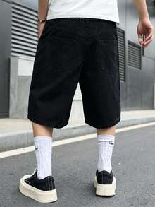 Manfinity Hypemode Spring/Summer Casual Mature Washed Deep Blue Loose Fit Double Knee Cargo Denim Shorts - Black - View 2