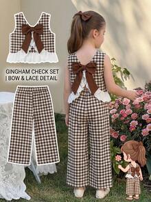 LMoss Kids 少女編織格紋圓領拼接荷葉邊休閒背心與長褲兩件組 - 彩色 - 查看 6