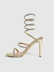 CUCCOO SZL Gold Rhinestone Spiral Ankle Wrap Women's Heeled Sandals - Gold - View 4