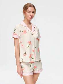 Bonmuse Conjunto de pijama con estampado floral de verano, top de manga corta con solapa y botones elegante y suave, y shorts, conjunto de ropa de dormir y de estar por casa de 2 piezas para mujer - Multicolor - Ver 5