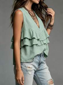 Trelyra Nueva Camiseta sin Mangas de Verano Color Caqui para Mujer Elegante Casual Minimalista Top de Vacaciones de Playa - verde menta - Ver 4