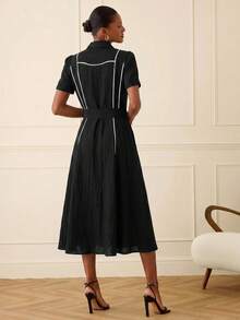 Lilora Elegant Women Black Button Down Dress With Belted Waist - Black and White - View 2