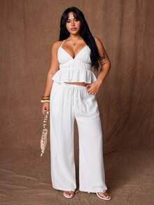 Rustia Women's Plus Size White Linen 2-Piece Set, V-Neck Camisole With Open Back, Cinched Waist And Ruffle Hem, Straight Leg Pants With Pockets, Casual Minimalist Daily Outfit For Vacation, Beach, Strolling, Shopping, Dating And Commuting - White - View 6
