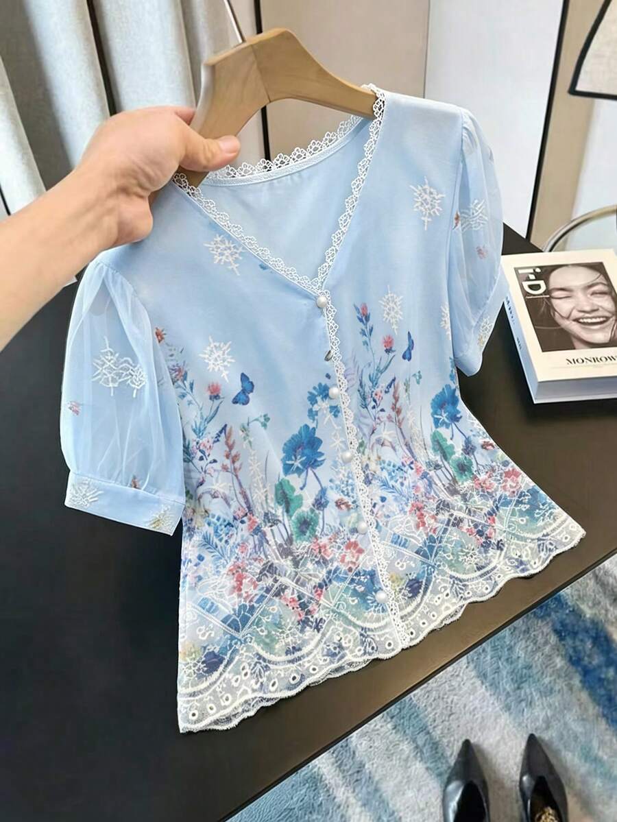 GlowEve Woven Embroidered Women's Summer V-Neck Short Sleeve Blouse - Baby Blue - View 1