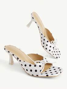 CUCCOO CHICEST Retro Polka Dot Square Toe High-Heeled Sandals, Bow Outside Wearing Temperament Shoes Women - White - View 4