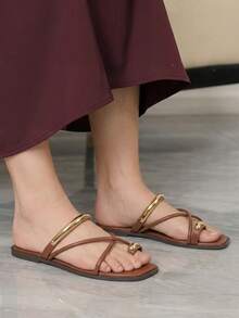 Sleekvia Ladies Comfortable Flat Wear-Resistant Versatile  Metal Outdoor Flip-Flops Slippers Summer - Brown 01 - View 4