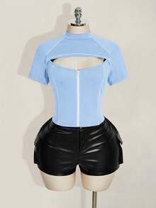 SHEIN ICON 女款大尺碼拼色立領鏤空休閒百搭日常穿著T恤 - 藍色 - 查看 4