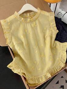 GlowEve CURVE Plus Size Mesh Embroidery Flutter Sleeve Blouse, Ruffle Hem Youthful Top - Yellow - View 5