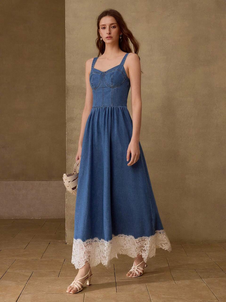 CONTRAST LACE A LINE DENIM DRESS