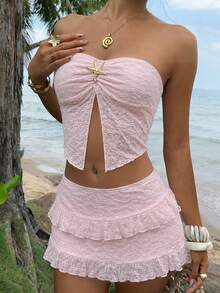 Sunnyshic 2026 Spring/Summer New Fashion Sexy Lace Fitted Camisole Skirt Set For Women - Pink - View 5