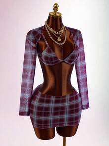Amplova Back To School Season Triangle Cup Long Sleeve Mesh Cropped Top & Low Waist Skirt Women's Set - Multicolor - View 7