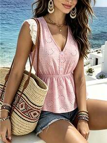 SHEIN Franclia Hollow-Out Embroidered Vest, Casual Cute Vacation Wear Everyday Pink And White Summer - Pink - View 4