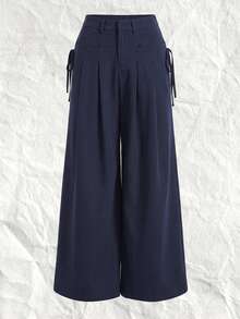 SHEIN EZwear 女款高腰寬腿海軍藍大尺碼西裝長褲 - 藏蓝色 - 查看 1