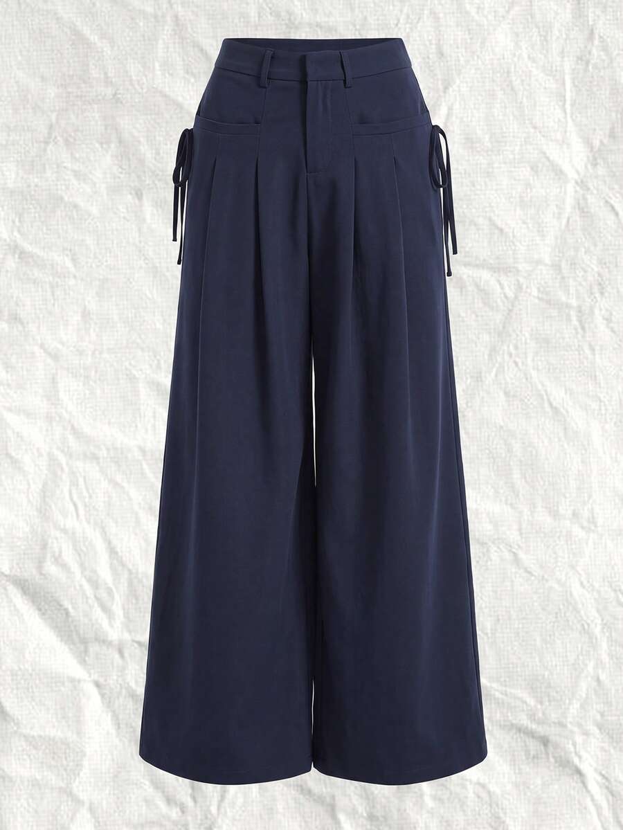 SHEIN EZwear 女款高腰寬腿海軍藍大尺碼西裝長褲 - 藏蓝色 - 查看 1
