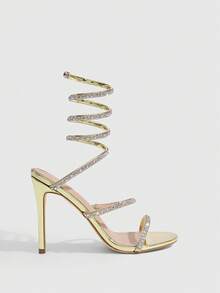 CUCCOO SZL Gold Rhinestone Spiral Ankle Wrap Women's Heeled Sandals - Gold - View 2
