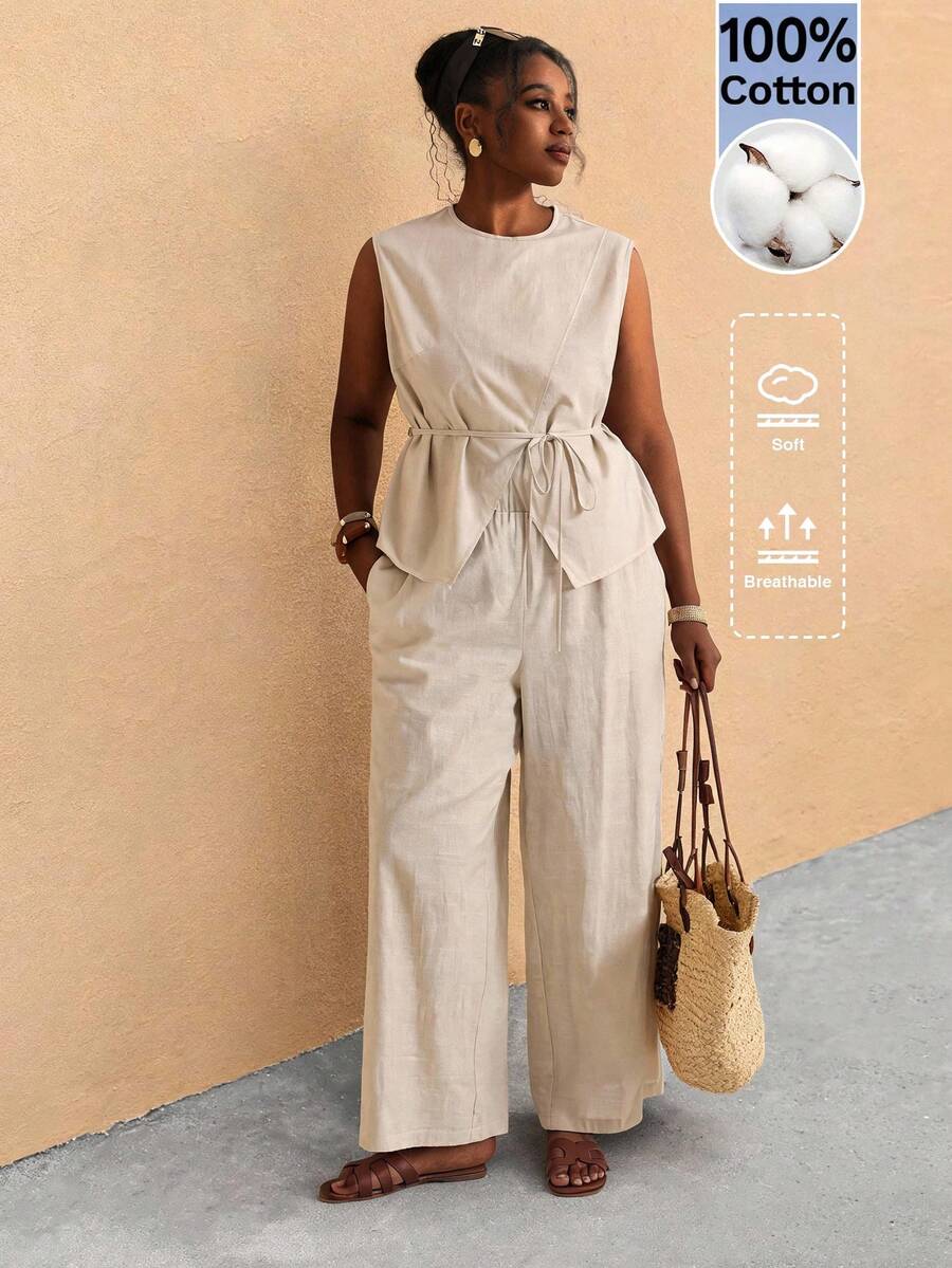 Elaquor Set casual da 2 pezzi da donna taglie forti con blusa a tinta unita con collo rotondo e laccio in vita e pantaloni - Albicocca - Visualizzare 1