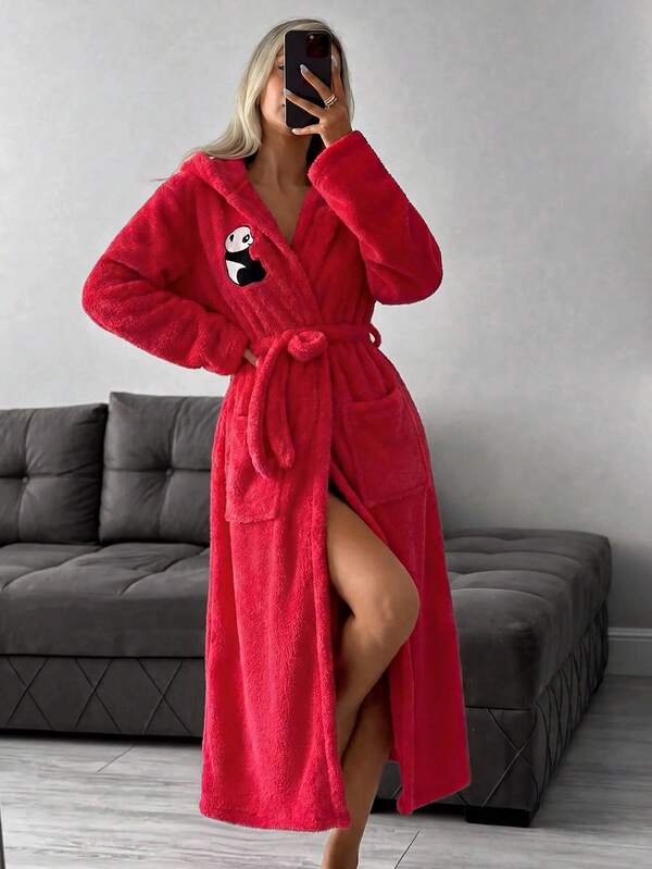 SHEIN Women Pink Fuzzy&Plush Red Cute Panda Embroidery Detailed Long Sleeved Belted&Pocket Detailed Long Homewear Comfort Casual Robe For Ladies