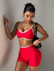 Slayform Slayform 2件組女款對比飾邊無縫瑜伽運動服套裝，紅白配色夏季性感健身運動服，單車褲與運動內衣夏季穿搭套裝 - 紅色 - 查看 9