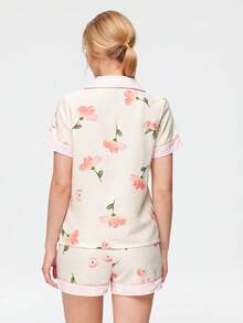 Bonmuse Conjunto de pijama con estampado floral de verano, top de manga corta con solapa y botones elegante y suave, y shorts, conjunto de ropa de dormir y de estar por casa de 2 piezas para mujer - Multicolor - Ver 2