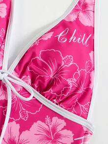 SHEIN Swim Curve Magenta Tropical Ditsy Floral Deep Tie Straps Casual Vacation Pool Women's Halter Neck Push-Up Bikini Top - Multicolor - View 5
