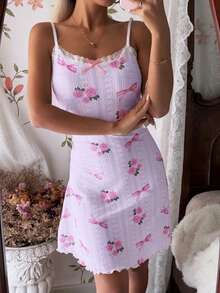 CottageSlumber Gaun Tidur Wanita Model Cami dengan Hiasan Pita Bunga Renda dan Punggung V - Baby Pink - View 3