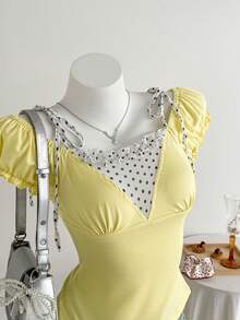 Mori Grove Mori Grove Women's Solid Color Polka Dot Yellow 2 In 1 Short Sleeve T-Shirt Vacation Summer Cute Romantic - Yellow - View 4