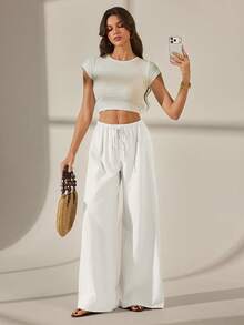 SHEIN Tall 女款純色腰部綁帶寬腿寬鬆休閒長褲 - 白色 - 查看 5