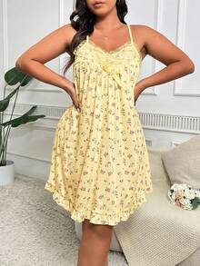 CottageSlumber Plus Size Women Lace Trim Bow Decor Casual Everyday Dress - Yellow - View 4
