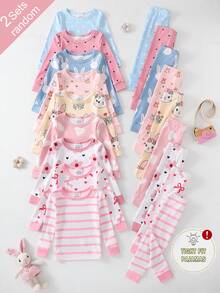 SHEIN [9 Sets Aleatorios, 2 Sets Enviados] Conjunto de Pijama Ajustado para Bebé Niña, Manga Larga Pantalón Largo, Estampado de Conejo Corazón Lazo Lunares Rayas Flores Dibujos Animados, Todas las Estaciones, Uso en Casa o Juego al Aire Libre, Suave y Amigable con la Piel Ajuste Ceñido - Multicolor - Ver 1