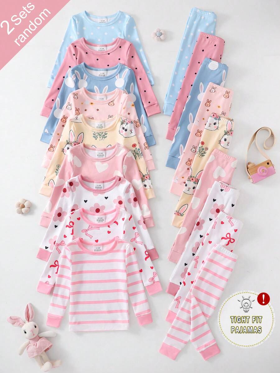 SHEIN [9 Sets Aleatorios, 2 Sets Enviados] Conjunto de Pijama Ajustado para Bebé Niña, Manga Larga Pantalón Largo, Estampado de Conejo Corazón Lazo Lunares Rayas Flores Dibujos Animados, Todas las Estaciones, Uso en Casa o Juego al Aire Libre, Suave y Amigable con la Piel Ajuste Ceñido - Multicolor - Ver 1