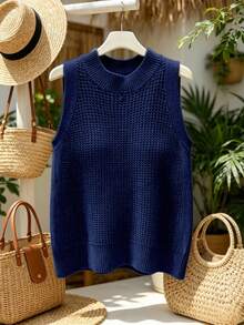 Franclia Plus Size Women's Spring/Summer New Hollow-Out Solid Color French Elegant Casual Chic Versatile Exquisite Gentle Sweater Vest Office Dates Navy Blue - Navy Blue - View 1