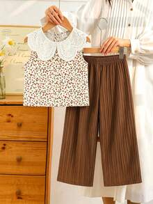 SHEIN Vintaside Kids 女童甜美可愛刺繡大領無袖花卉背心搭配純色長褲套裝，紋理直條紋布料，適合派對、家庭活動、日常度假穿搭、開學季 - 棕色 - 查看 12