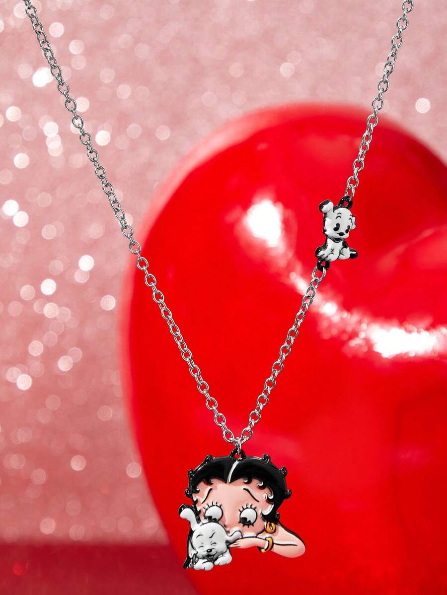Betty Boop x SHEIN New Creative Cartoon Pattern Printed Pendant Necklace, IP Joint Design, Lovely Personalized, Simple And Generous, Can Also Be Used As Accessories, Suit - Platinum - View 1