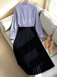 GlowEve CURVE Plus Size Long Sleeve Striped A-Line Dress With Collar, Button Front, Pleated Waist, Simple Elegant Style - Blue - View 2
