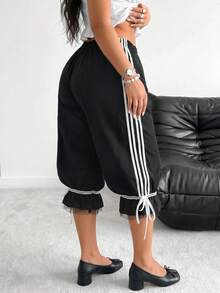 POPSWAY Short à cordon de serrage rayé et blocs de couleurs grande taille - Noir - Voir 3