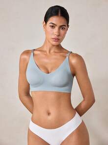 Veilyse 1 pièce Soutien-gorge sans fil amovible rembourré de couleur unie, soutien-gorge de sport sans couture délicat et respirant pour femmes - Bleu ciel - Voir 7
