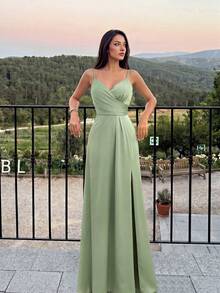 Firerie Women's Pleated Deep V-Neck Slit Front Bridesmaid Dress With Spaghetti Straps (Adult) Elegant Dress Wedding - Mint Green - View 6
