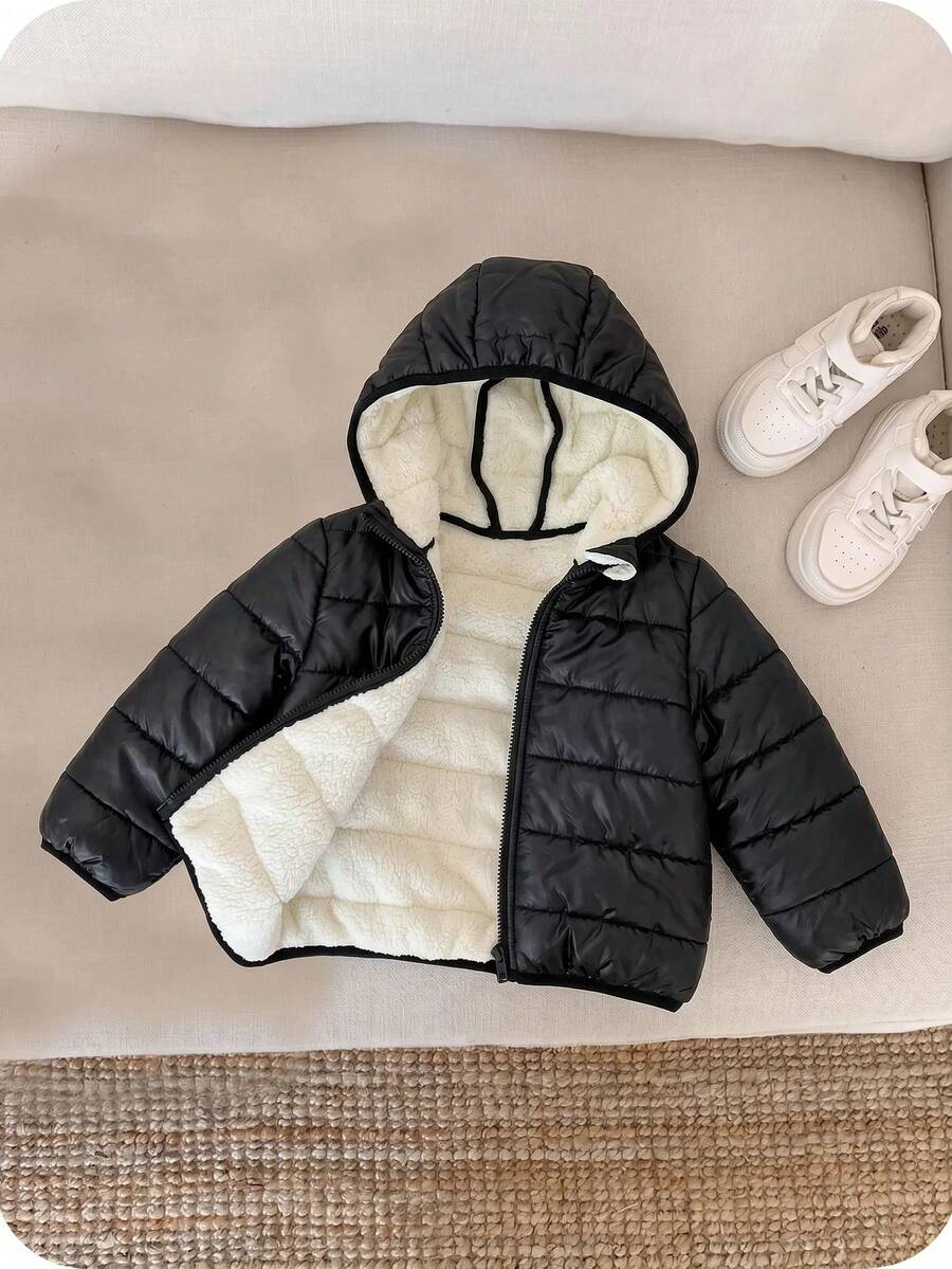 SHEIN Baby Girl Thick Lined Zipper Hooded Jacket Suitable For Snow Play Winter Essential - Black - View 1
