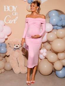 Loomaby Maternity Solid Color One-Shoulder Ruched Casual Party & Travel Dress,Gender Reveal Dress,Maternity Dress,Baby Shower Dress,Party,Wedding,Birthday - Pink - View 6