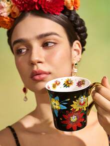 Frida Kahlo X SHEIN 風格墨西哥花卉陶瓷馬克杯 11.83oz/350ml，黑色咖啡杯，彩色花朵印花，亮面光澤，適合藝術愛好者、居家、辦公室與送禮 - 黑色 - 查看 5