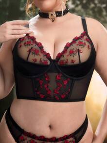 PinupPomp 2pcs/Set Plus Size Women's Mesh Embroidered Floral Lingerie Set - Multicolor - View 6
