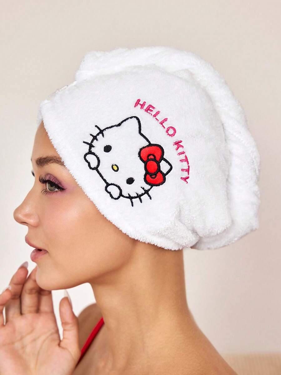HELLO KITTY AND FRIENDS | SHEIN 1件裝可愛卡通刺繡速乾髮帽,超強吸水速乾,適用於各種髮質與髮量,吸水力強且易乾 - 白色 - 查看 1