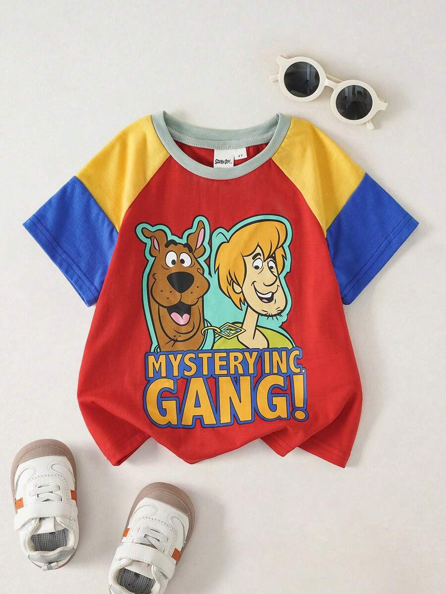 SCOOBY-DOO X SHEIN Young Boy Crew Neck Letter Cartoon Print Raglan Casual Daily T-Shirt - Multicolor - View 1