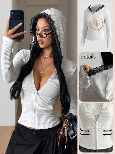 Coolane Casual Versatile Lace Trim White Knit Women's Sweatshirt