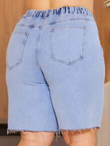 Truni Plus Size Summer Casual Washed Denim Shorts,Back To School, For Pear And Triangle Body Shape - Blue - View 6