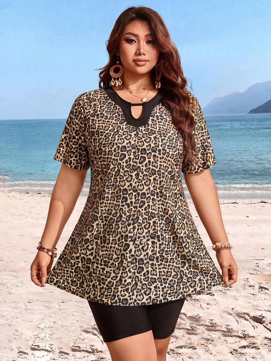 Swim Lushoire Plus Size Women's Leopard Print Colorblock Short Sleeve Top And Shorts Burkini Two-Piece Swimwear Set - Multicolor - View 1