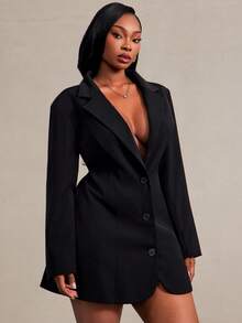 Radiana Plus Size Women's Sexy Minimalist Elegant Black Fitted Blazer With Shoulder Pads, Sexy Backless Blazer, Single-Breasted Blazer Dress, Tailcoat Dress, Suitable For Daily Wear, Office, Commute, Date, Party, Shopping, Banquet, Cocktail Party, Formal Occasions - Black - View 9