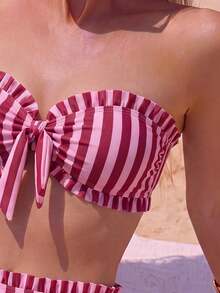 Swim Mod Spring/Summer Beach Casual Vacation Striped Print Bikini 2 Pieces Set - Multicolor - View 5
